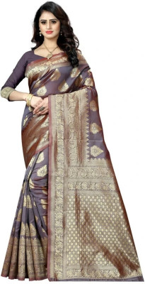 AVDOM Woven Banarasi Silk Blend Saree(Grey)