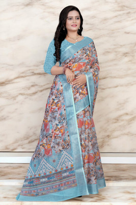 SANJEVAY Printed Assam Silk Linen Saree(Light Blue)