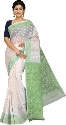 Mystory Printed Handloom Cotton Blend Saree(Green, White)