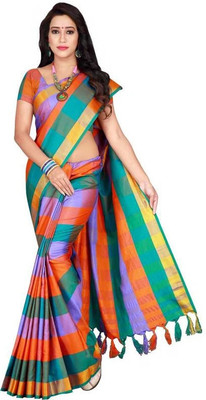 ROFOLO Solid/Plain Bollywood Cotton Silk Saree(Orange)