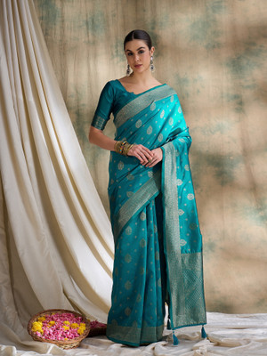 manvaa Embellished Bollywood Silk Blend Saree(Light Blue)