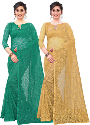LOROFY Self Design Bollywood Net Saree(Pack of 2, Dark Green, Beige)