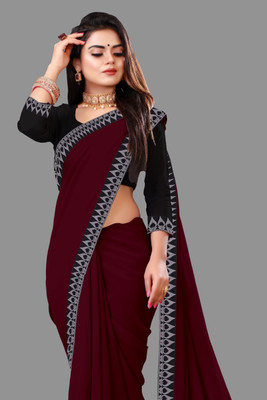 Jevlan Solid/Plain Bollywood Georgette Saree(Maroon)