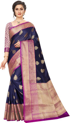Gold Art Fashion Woven Kanjivaram Jacquard, Pure Silk Saree(Dark Blue)