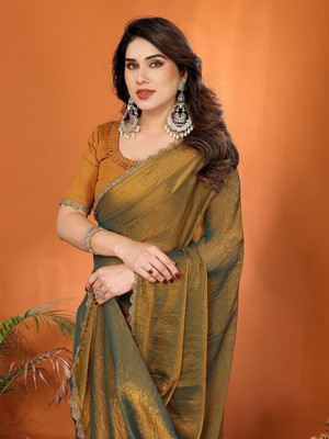 HouseOfCommon Solid/Plain Bollywood Chiffon, Pure Silk Saree(Gold)