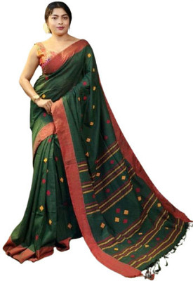 ANU INDIAN FASHION Woven, Striped, Geometric Print Handloom Cotton Blend Saree(Dark Green, Red, Grey)