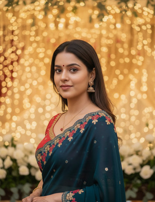 BrownSoilOrganics Floral Print Jamdani Satin Saree(Dark Blue, Red)