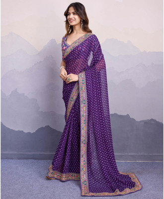 HK TEX Self Design Bandhani Georgette Saree(Purple)