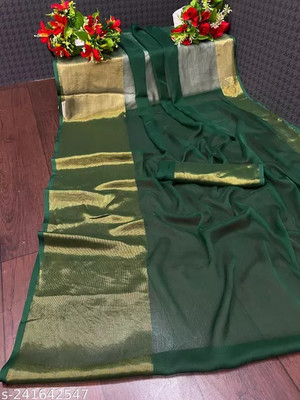 Vragi Solid/Plain Bollywood Chiffon Saree(Green)