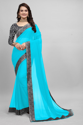 Om Sai Creation Temple Border Bollywood Georgette, Chiffon Saree(Light Blue, Black)