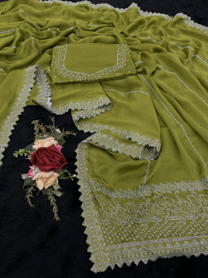 JennyFeb Villa Embellished Bollywood Pure Silk Saree(Light Green)