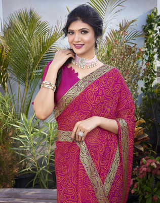 YASHIKA Printed Bollywood Georgette, Lace Saree(Pink)