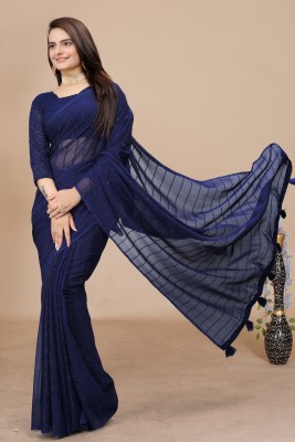 K 5 FASHION Self Design, Striped, Dyed Bollywood Chiffon Saree(Dark Blue)