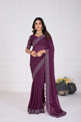 KivaWear Embellished Bollywood Georgette Saree(Purple)