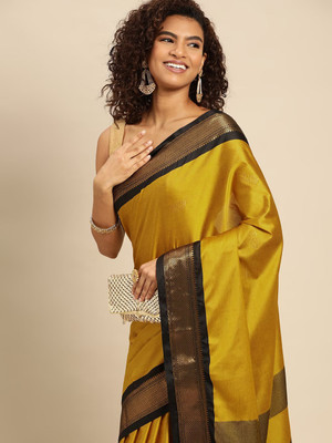 yourwish Woven, Embellished, Checkered Bollywood Cotton Silk, Jacquard Saree(Mustard, Black)