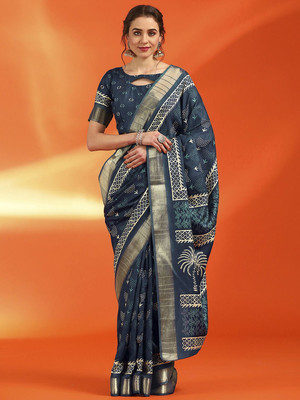 Anouk Rustic Printed Chinnalapattu Silk Blend Saree(Blue)