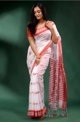 Joyguru Textile Self Design Tant Cotton Blend Saree(White)