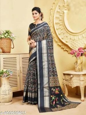 Vraggi Printed Bollywood Art Silk, Silk Blend Saree(Black)