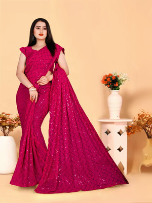 Clemira Embellished, Checkered Bollywood Georgette Saree(Pink)