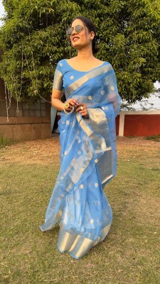 DRAVYA WOMEN Printed, Self Design, Embellished, Woven Daily Wear Jacquard, Organza Saree(Light Blue)
