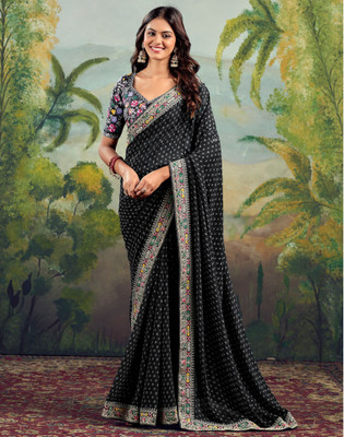 Satrani Embellished, Embroidered, Printed Bandhani Georgette, Lace Saree(Black)