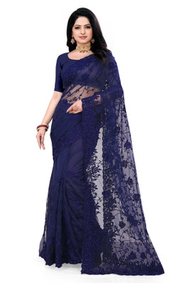 SPAREN CREATION Embroidered Bollywood Net Saree(Dark Blue)