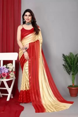 R4milA Striped, Self Design Bollywood Satin Saree(Red, Beige)