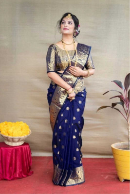 Om Creation Woven Banarasi Polyester Saree(Dark Blue)