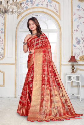 Aarunika fashion Solid/Plain Bollywood Organza Saree(Red)