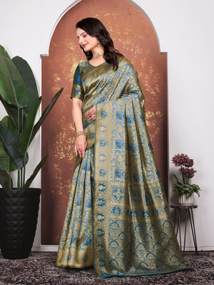 Kanooda Prints Embellished Banarasi Silk Blend Saree(Grey)