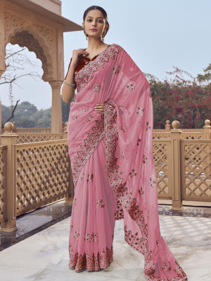 odette Embellished Saree with Attached Blouse Georgette Saree(Pack of 2, Pink)