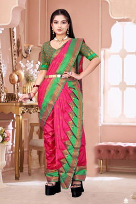 Ashmika Woven, Temple Border Paithani Cotton Silk Saree(Pink)