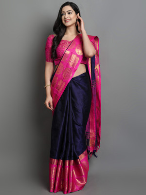 VILLAGIUS Geometric Print Jamdani Cotton Blend Saree(Dark Blue)
