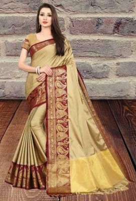 Varni Enterprise Woven Banarasi Jacquard, Cotton Silk Saree(Gold, Cream)