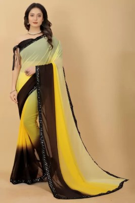 SNIXTY Embellished, Dyed Bollywood Georgette Saree(Yellow, Brown)