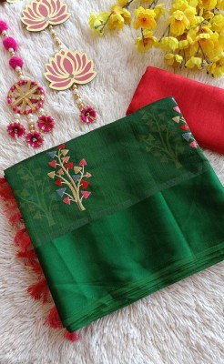 RAGISHA ENTERPRISE Embroidered Chanderi Cotton Linen Saree(Green)