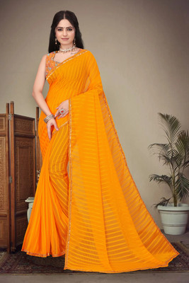 HouseOfCommon Striped Bollywood Georgette Saree(Yellow)