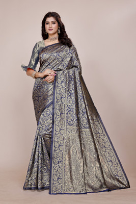 DHAYNAAND REEWA FASHION Floral Print Kanjivaram Jacquard, Tussar Silk Saree(Dark Blue)