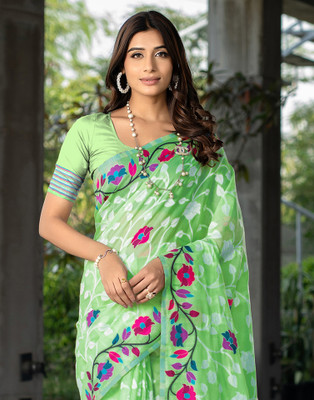 Satrani Woven, Self Design, Embellished Handloom Pure Cotton Saree(Green, White)