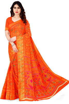 estrella fashion Floral Print Bollywood Cotton Linen Saree(Orange)