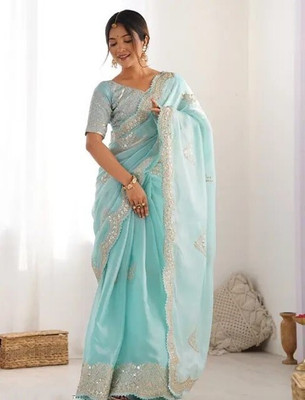 kraddle Embroidered Bollywood Jimmy choo Saree(Light Blue)
