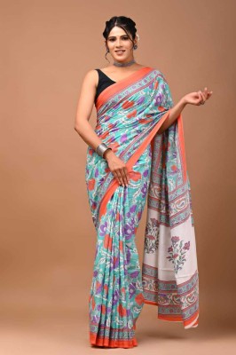 Craftmusium Printed Handloom Pure Cotton Saree(Blue)