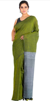 BRYNBRIT Solid/Plain Handloom Pure Cotton, Viscose Rayon Saree(Multicolor)