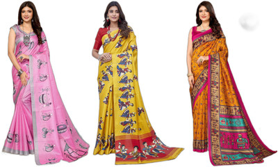 Nirvaan Printed, Woven Kanjivaram Art Silk Saree(Pack of 3, Pink, Yellow)