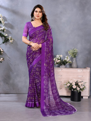 Anand Sarees Printed Ikkat Georgette, Satin Saree(Purple)