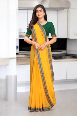 Kasumbo Tex Solid/Plain Bollywood Georgette Saree(Yellow)