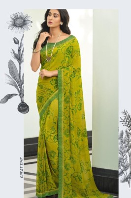 MEETVIN COUTURE Printed, Self Design, Digital Print, Embroidered, Floral Print, Solid/Plain Bollywood Georgette, Chiffon Saree(Light Green)