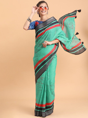 Sangria Printed Daily Wear Linen Saree(Light Green)