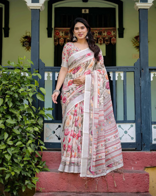 DEEP PRINTS Digital Print Daily Wear Cotton Linen Saree(Multicolor)