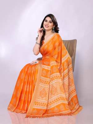 FABMORA Printed, Blocked Printed Hand Batik Chiffon, Georgette Saree(Orange)